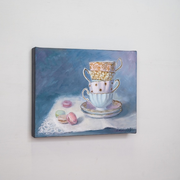 Original oil painting on canvas,4 pastel cups and macaroons 11" x 14 - Picture 4 of 5